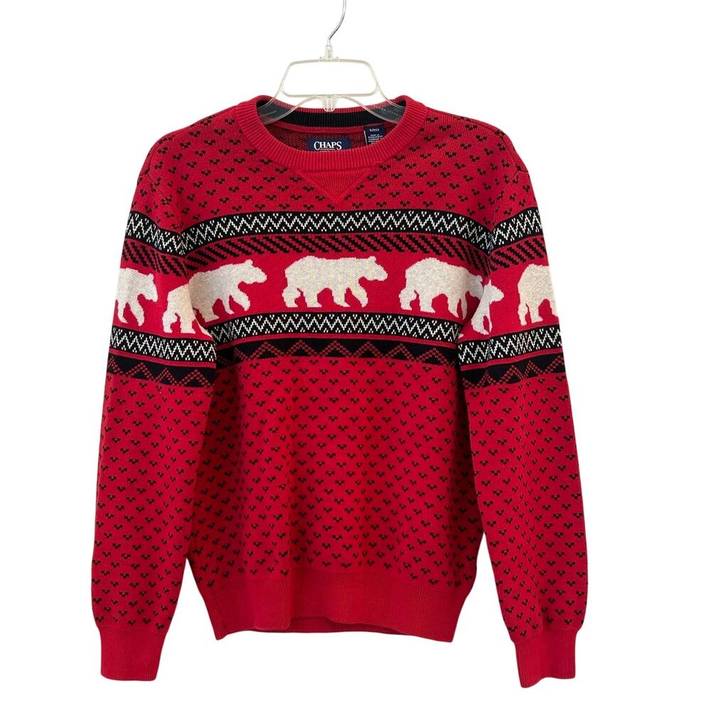 Chaps Red Polar Bear Fair Isle Sweater Men’s Small 100% Cotton Holiday Crewneck